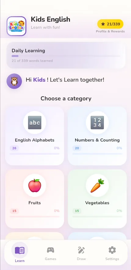 KidsEnglish home screen with learning categories