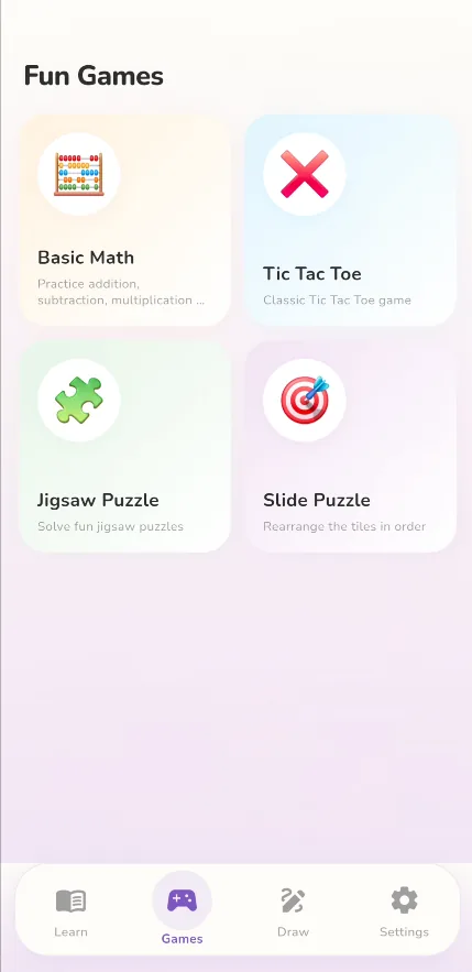 Fun games: basic maths, Tic Tac Toe and puzzles