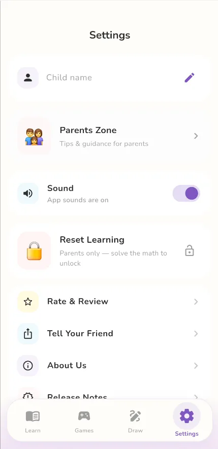 Settings with child name, sound and parents zone