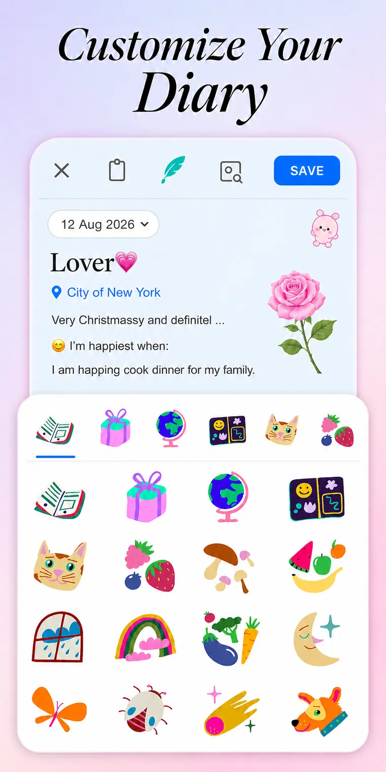 Customise each diary entry with stickers and moods